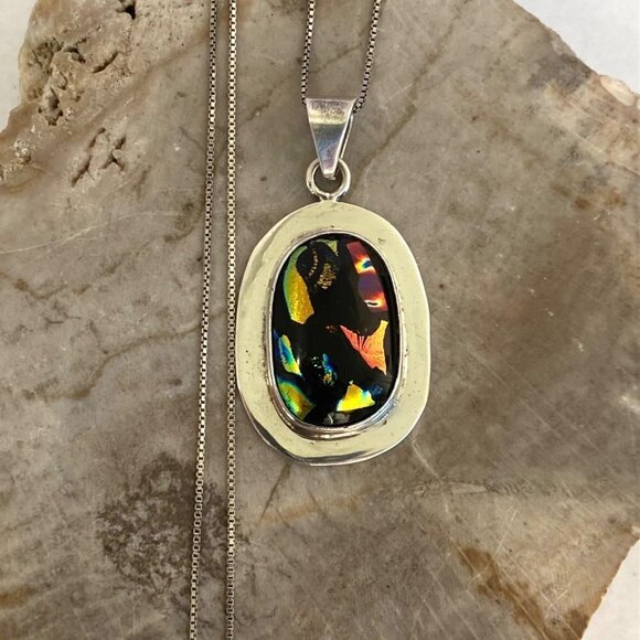 Sterling Silver 925 Oval Multi Color Dichroic Glass Pendant Necklace 18" Chain - Picture 11 of 16